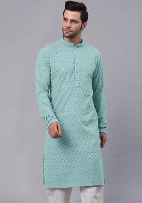 Turquoise Blue Embroidered Viscose Kurta Set For Men