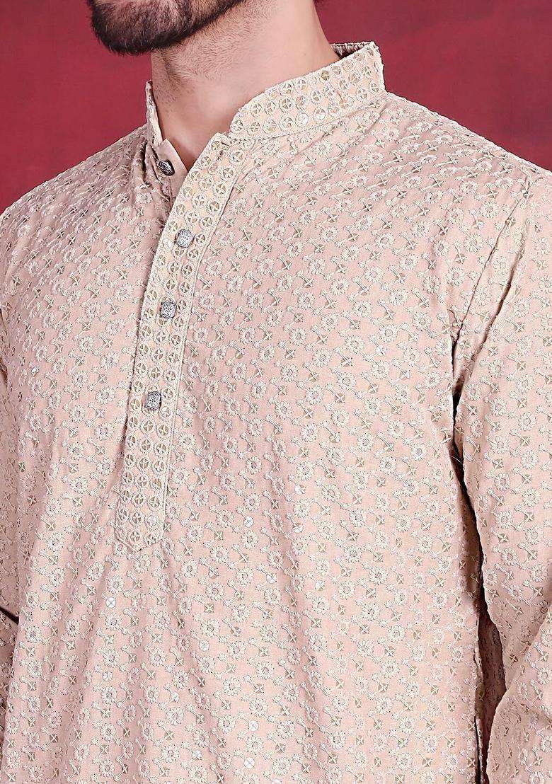 Beige Embroidered Viscose Kurta Set For Men - Indya