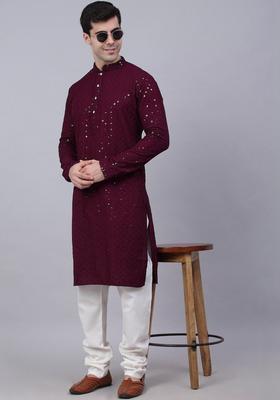 Maroon Embroidered Viscose Kurta Set For Men