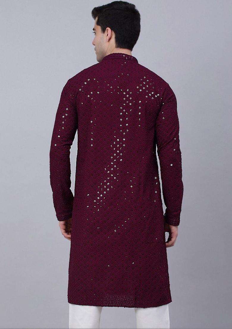 Maroon Embroidered Viscose Kurta Set For Men - Indya