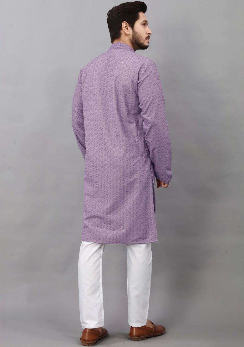 Purple Self Design Viscose Kurta Set For Men - Indya