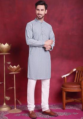 Blue Embroidered Viscose Kurta Set For Men