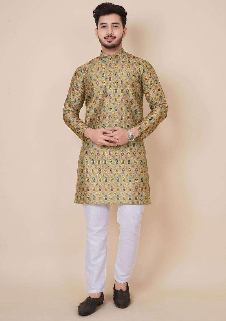 Green Printed Viscose Kurta Set For Men - Indya