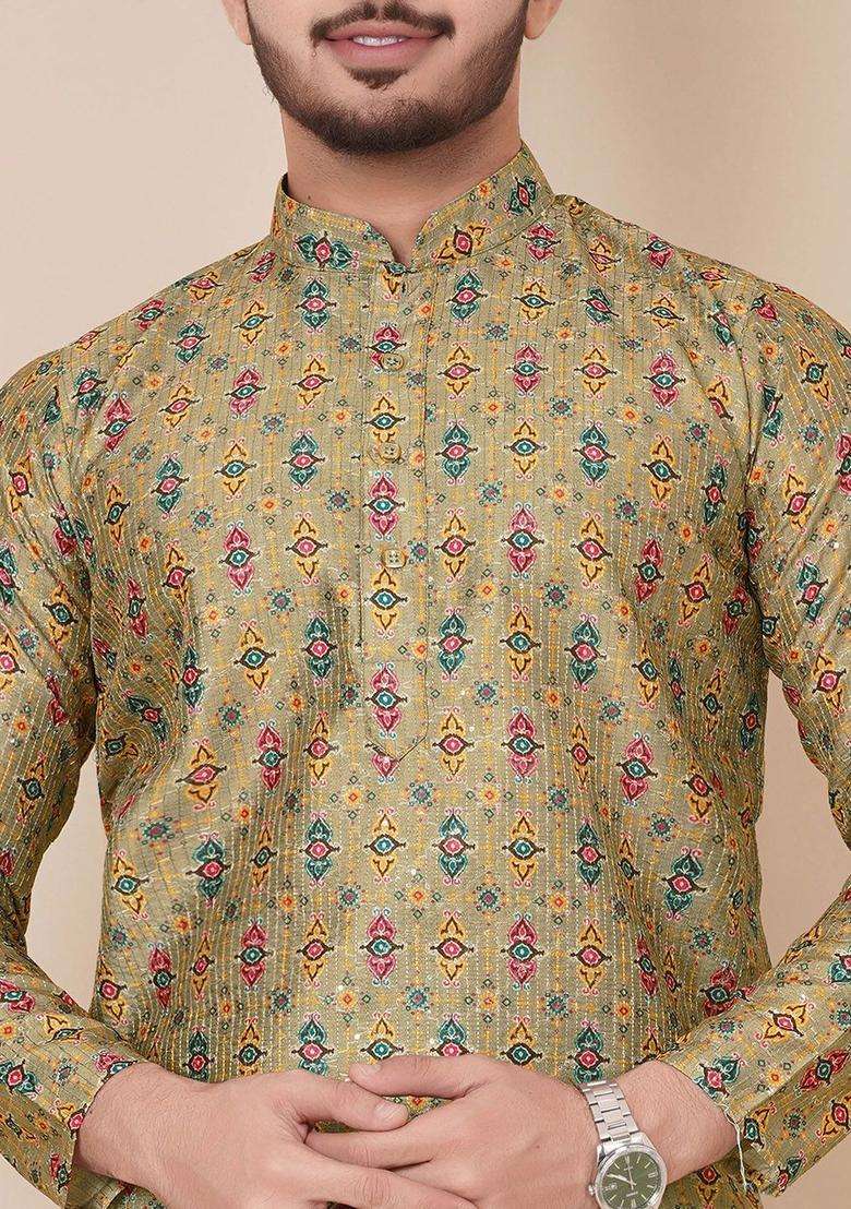 Green Printed Viscose Kurta Set For Men - Indya
