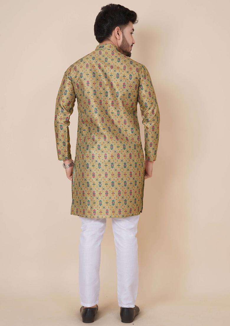 Green Printed Viscose Kurta Set For Men - Indya