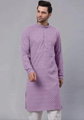 Lavender Self Design Viscose Kurta Set For Men