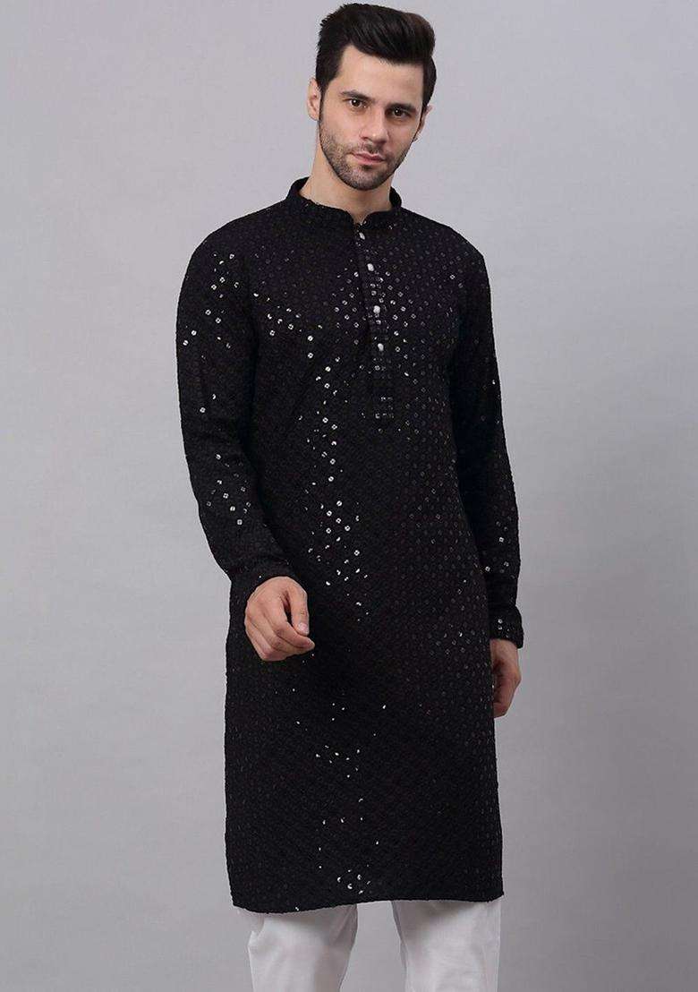 Black Self Design Viscose Kurta Set For Men - Indya