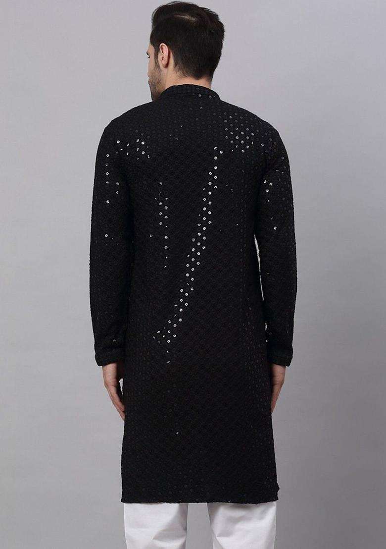 Black Self Design Viscose Kurta Set For Men - Indya