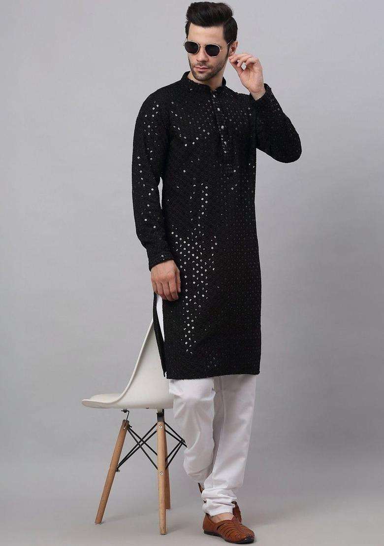 Black Self Design Viscose Kurta Set For Men - Indya