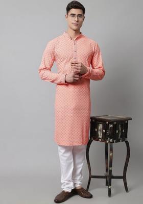 Peach Embroidered Viscose Kurta Set For Men