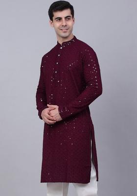 Maroon Self Design Viscose Kurta Set For Men