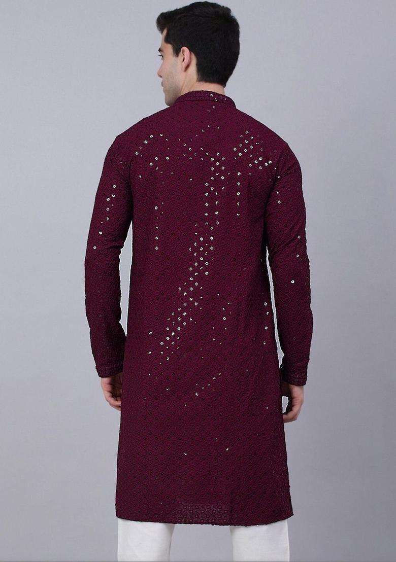 Maroon Self Design Viscose Kurta Set For Men - Indya