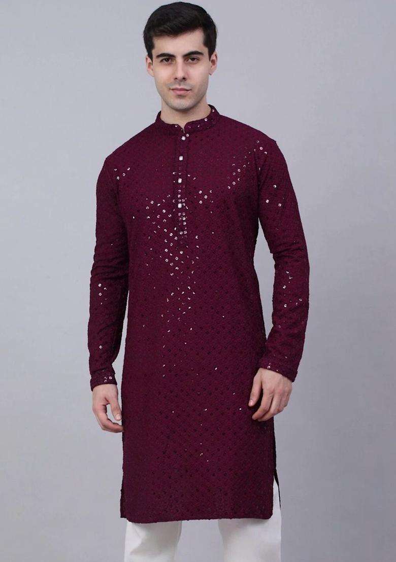 Maroon Self Design Viscose Kurta Set For Men - Indya