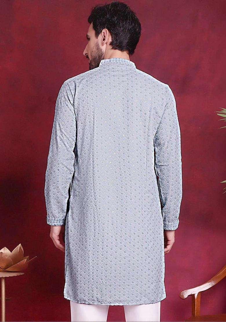 Blue Woven Design Viscose Kurta Set For Men - Indya