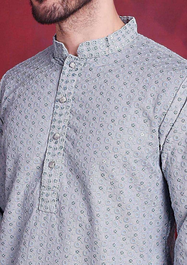 Blue Woven Design Viscose Kurta Set For Men - Indya