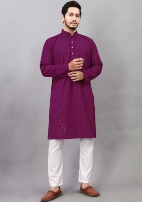 Purple Woven Design Viscose Kurta Set For Men