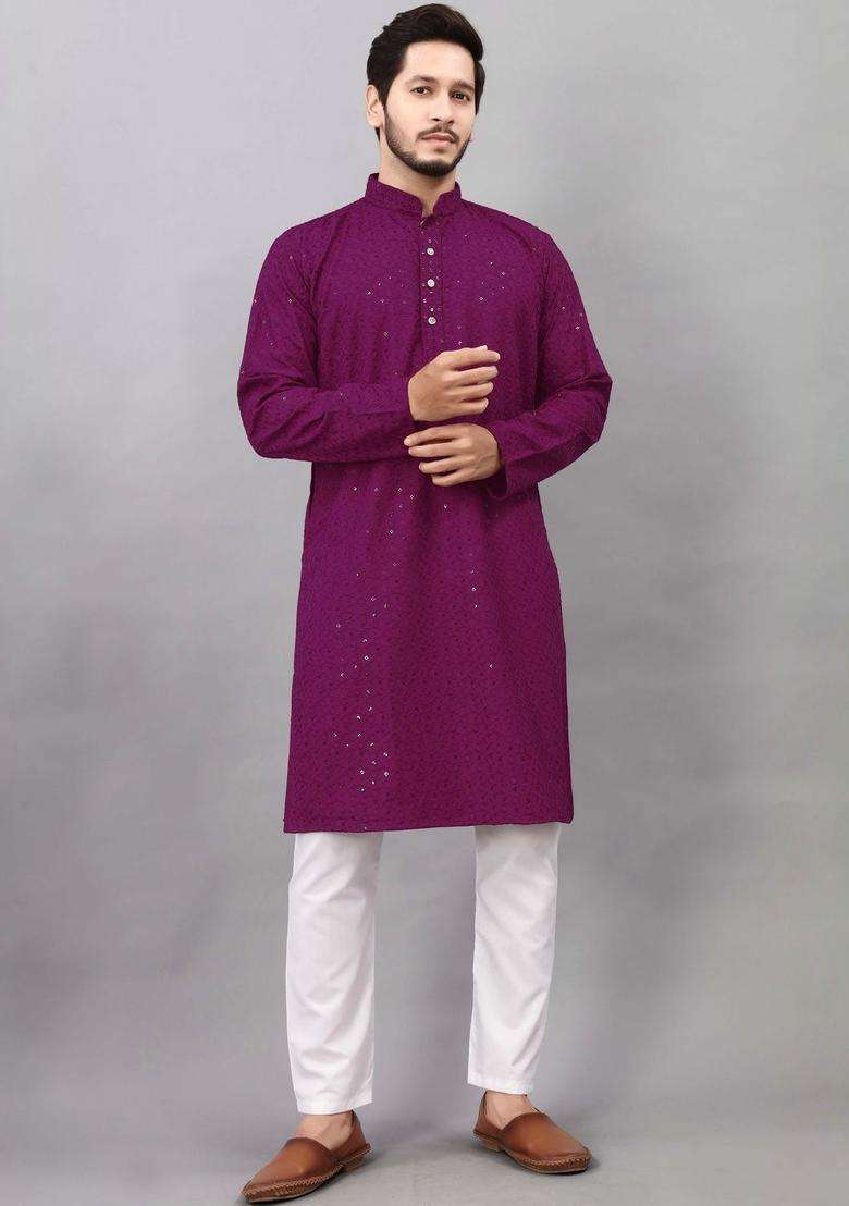 Purple Woven Design Viscose Kurta Set For Men - Indya