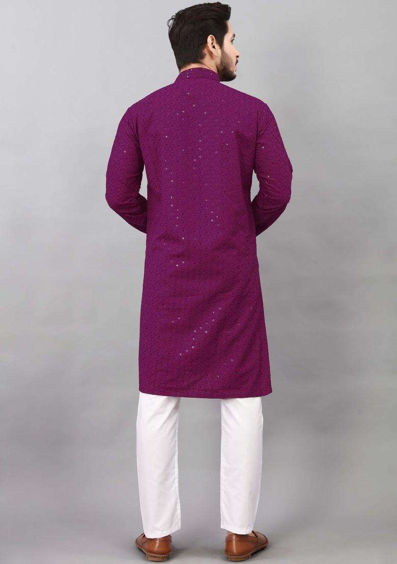 Purple Woven Design Viscose Kurta Set For Men - Indya
