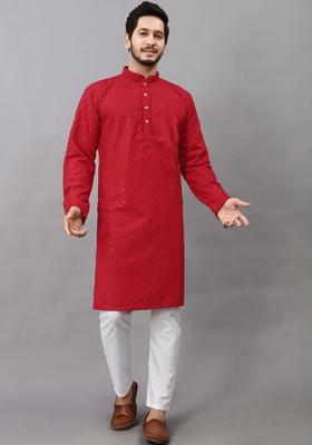Red Embroidered Viscose Kurta Set For Men