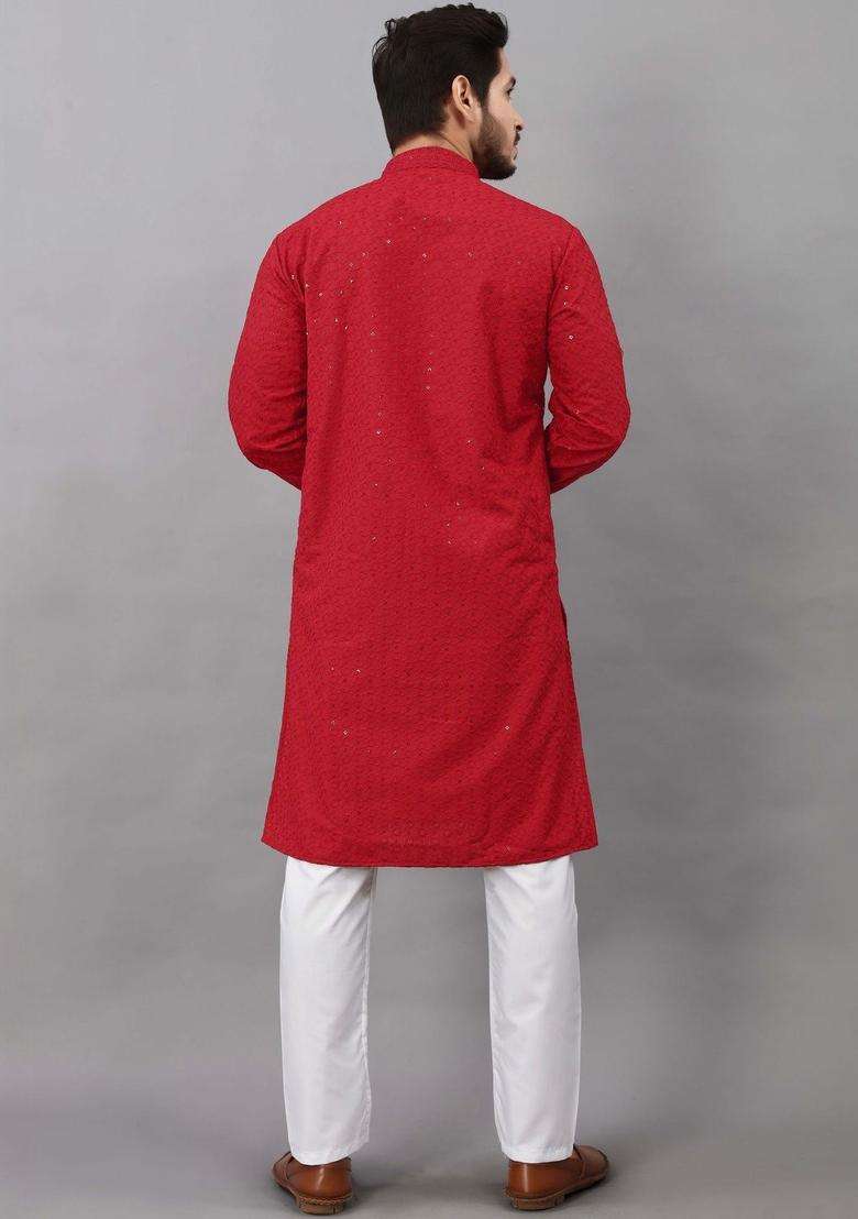 Red Embroidered Viscose Kurta Set For Men - Indya