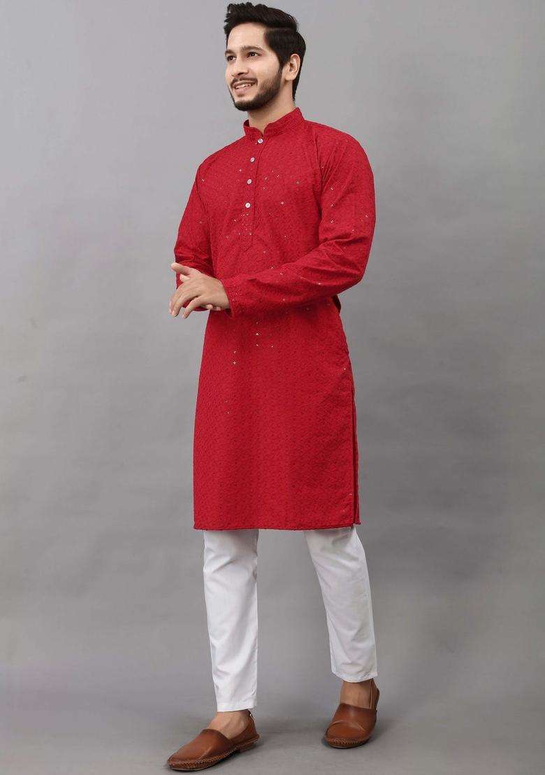 Red Embroidered Viscose Kurta Set For Men - Indya
