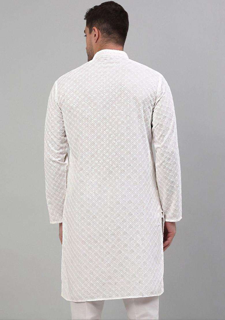 Off White Embroidered Viscose Kurta Set For Men - Indya