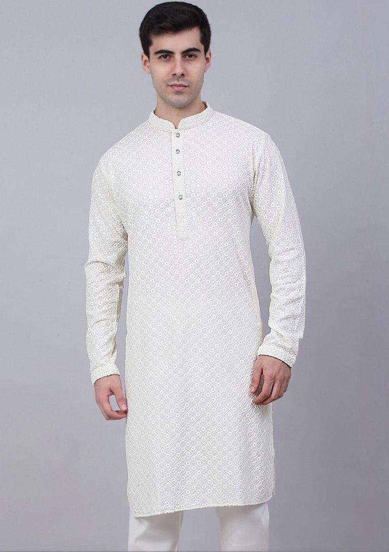 Off White Embroidered Viscose Kurta Set For Men - Indya