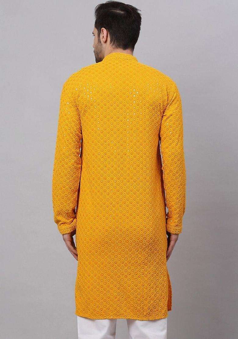 Yellow Embroidered Viscose Kurta Set For Men - Indya