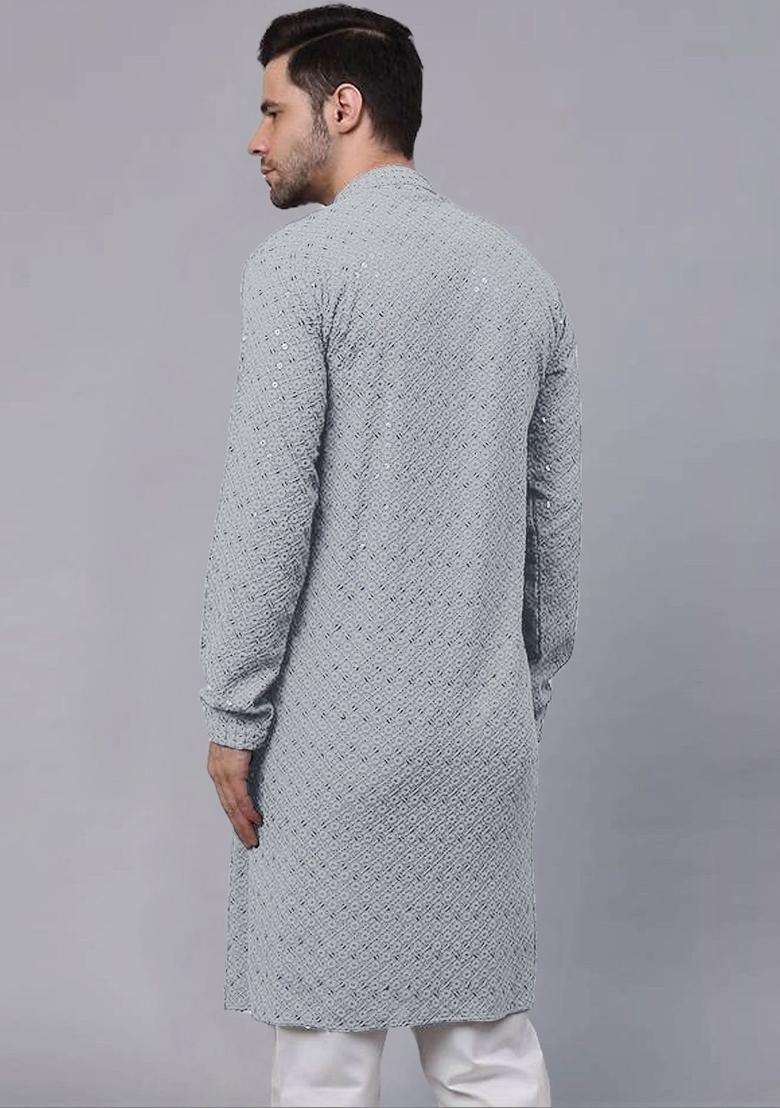 Grey Embroidered Viscose Kurta Set For Men - Indya