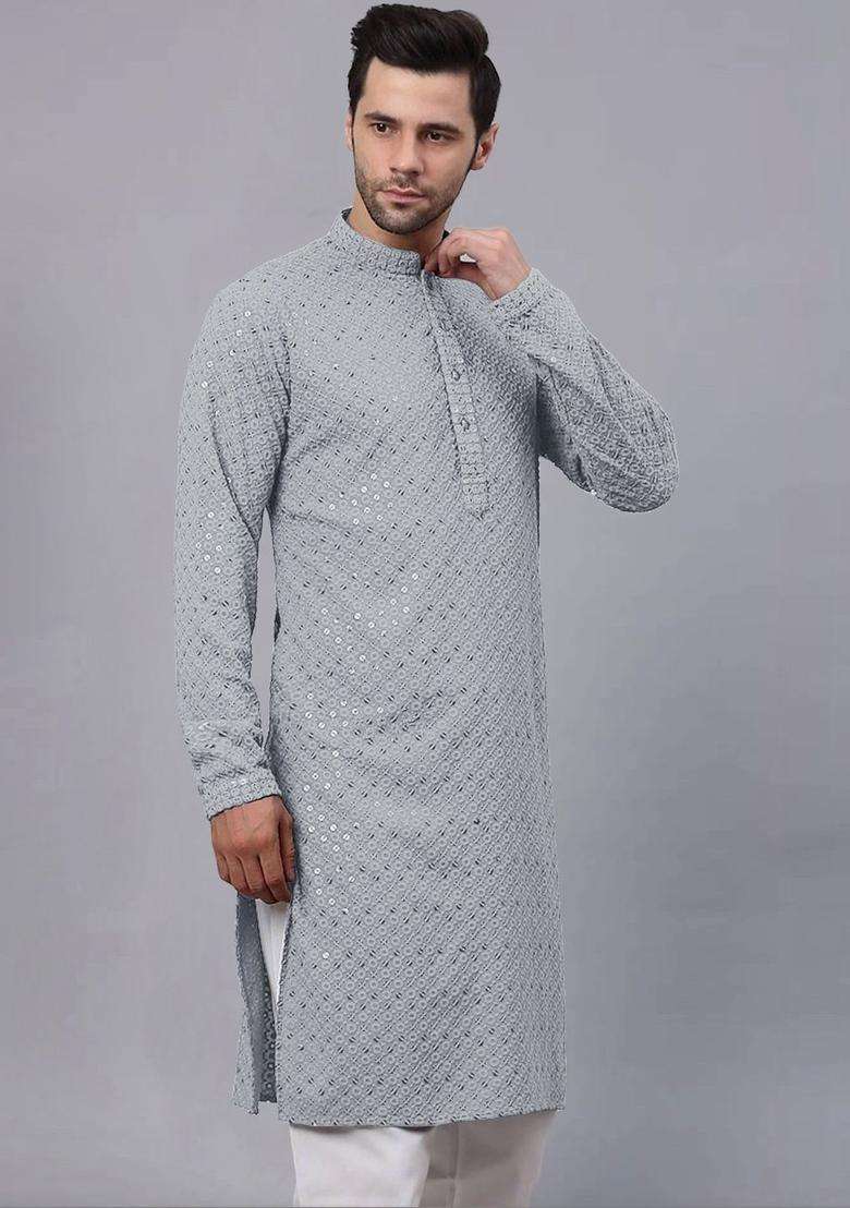 Grey Embroidered Viscose Kurta Set For Men - Indya