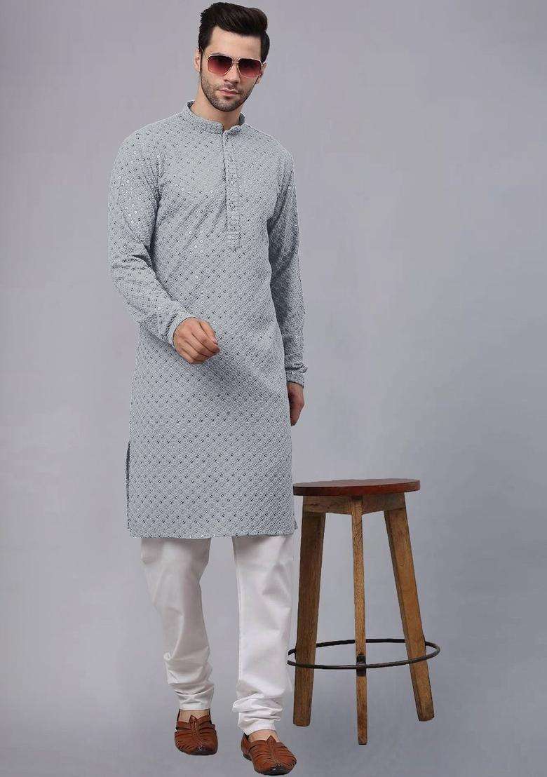 Grey Embroidered Viscose Kurta Set For Men - Indya