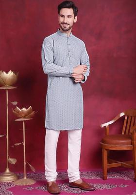 Blue Embroidered Viscose Kurta Set For Men