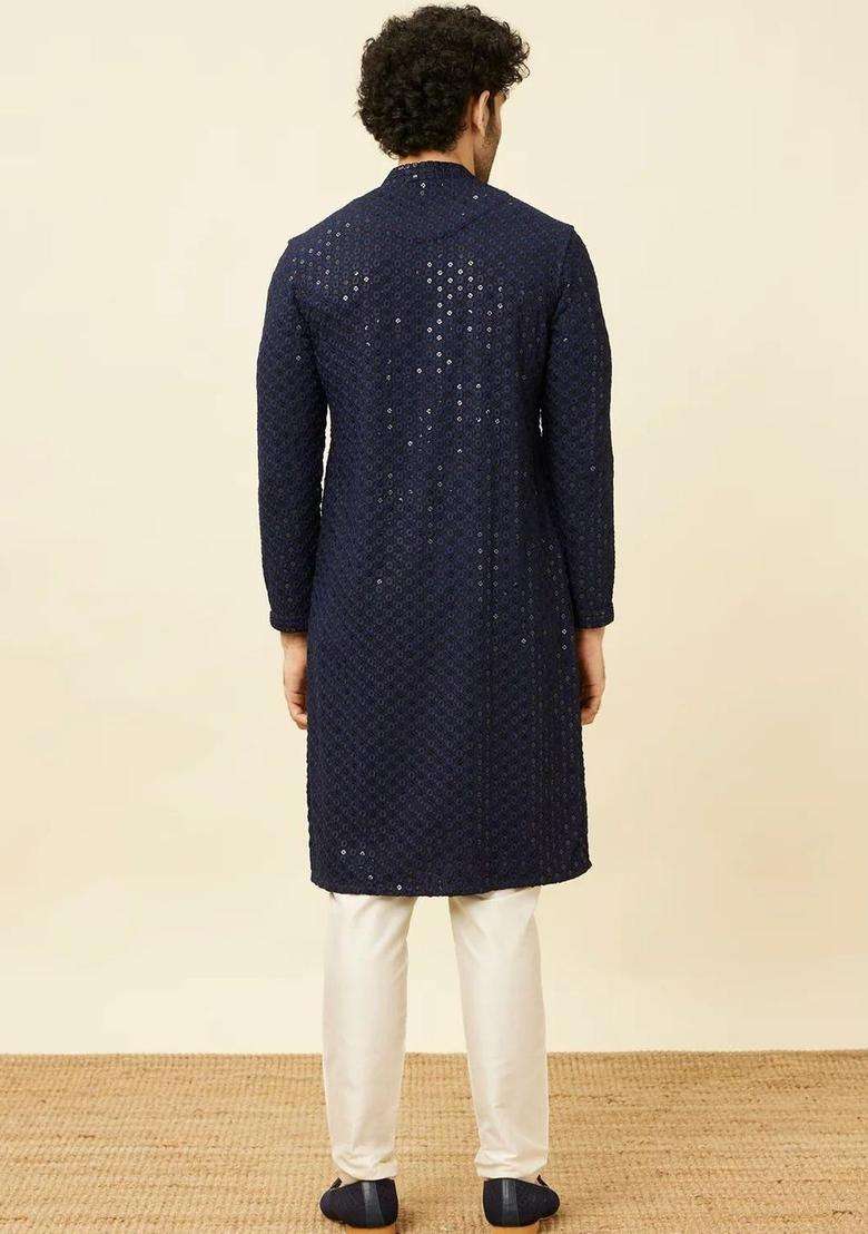 Navy Blue Woven Design Viscose Kurta Set For Men - Indya