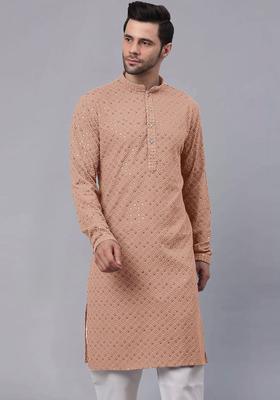 Peach Self Design Viscose Kurta Set For Men