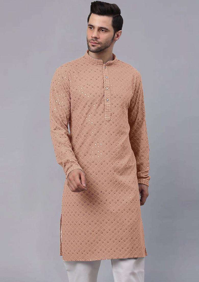 Peach Self Design Viscose Kurta Set For Men - Indya