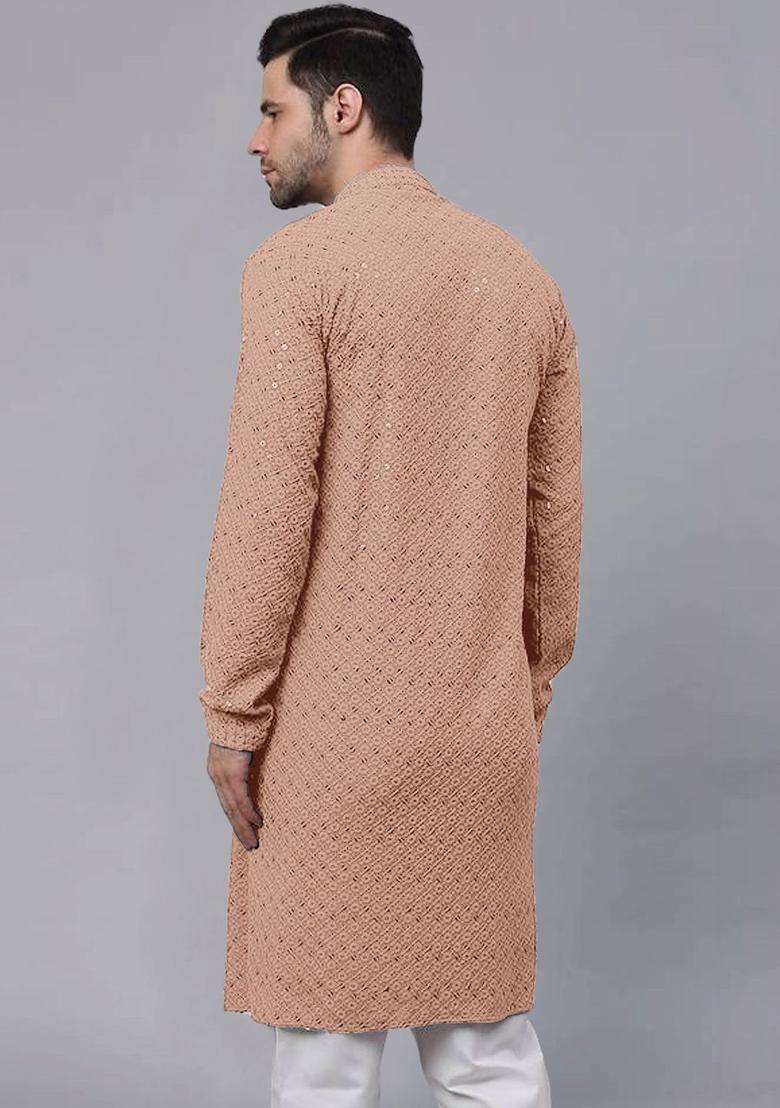 Peach Self Design Viscose Kurta Set For Men - Indya