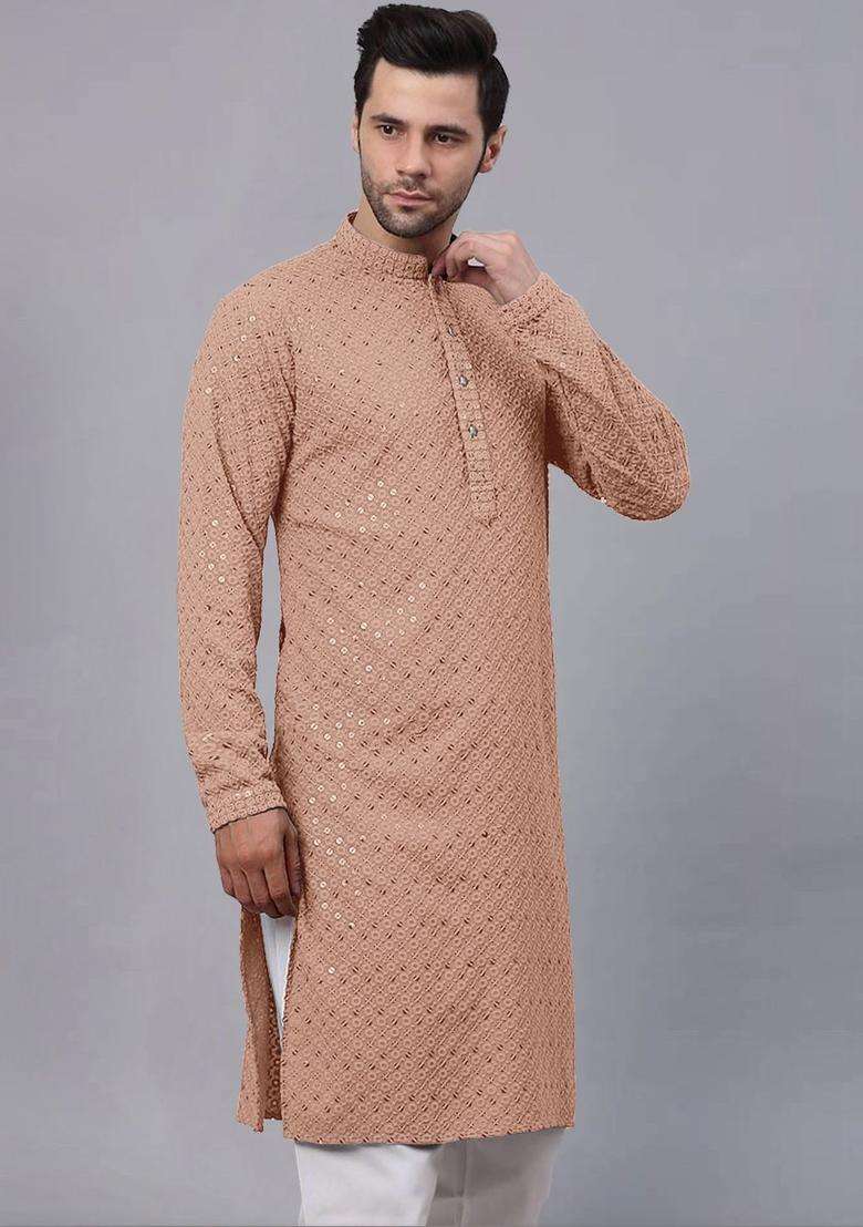 Peach Self Design Viscose Kurta Set For Men - Indya