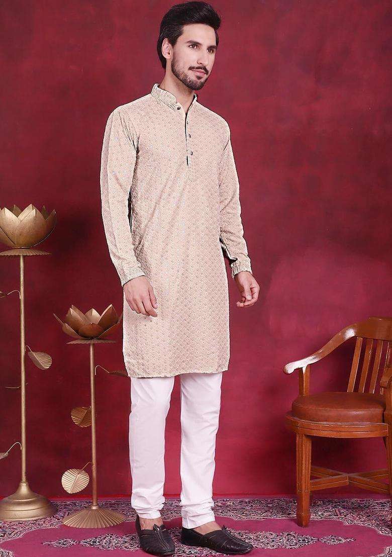 Beige Embroidered Viscose Kurta Set For Men - Indya