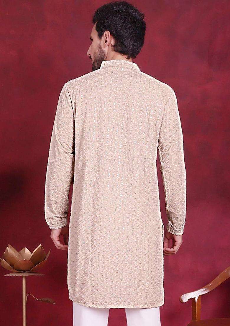Beige Embroidered Viscose Kurta Set For Men - Indya