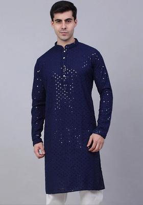 Navy Blue Embroidered Viscose Kurta Set For Men