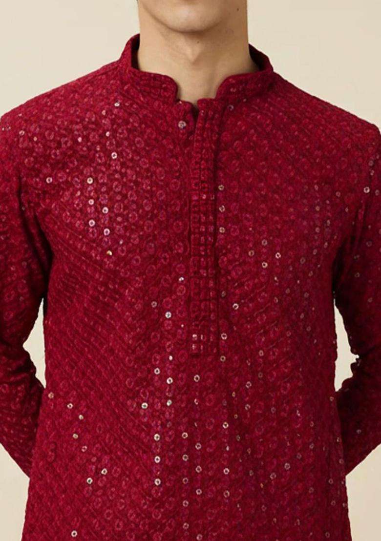 Maroon Embroidered Viscose Kurta Set For Men - Indya