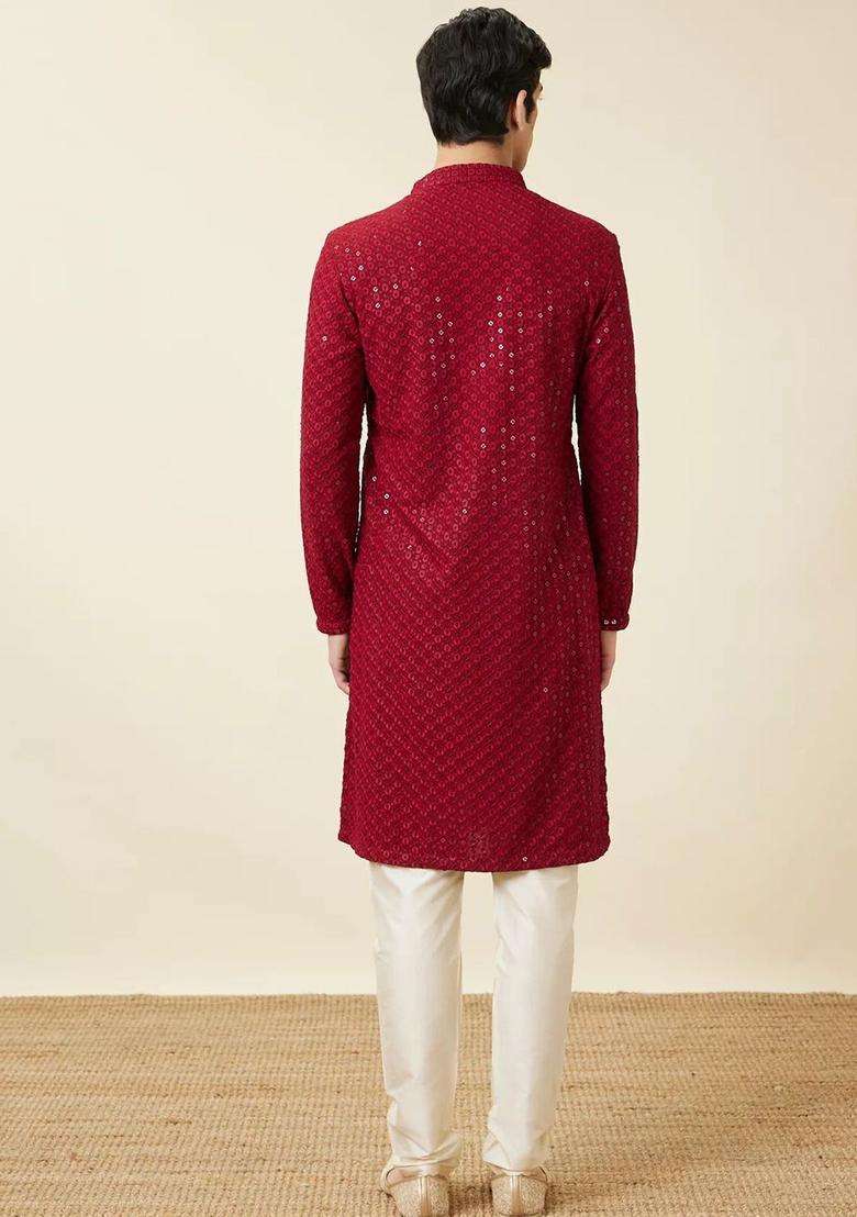 Maroon Embroidered Viscose Kurta Set For Men - Indya