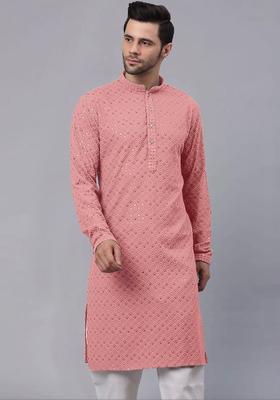 Peach Embroidered Viscose Kurta Set For Men