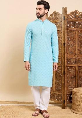 Turquoise Blue Embroidered Viscose Kurta Set For Men
