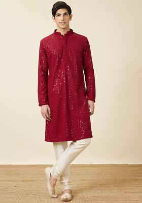 Red Embroidered Viscose Kurta Set For Men