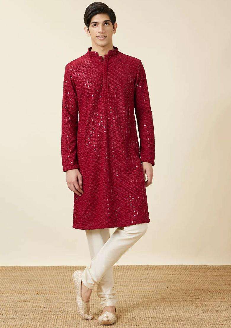 Red Embroidered Viscose Kurta Set For Men - Indya