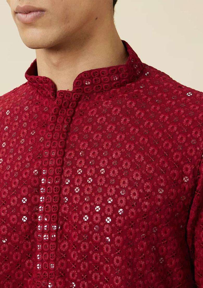 Red Embroidered Viscose Kurta Set For Men - Indya