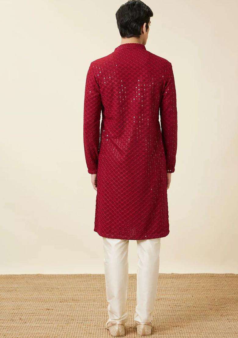 Red Embroidered Viscose Kurta Set For Men - Indya