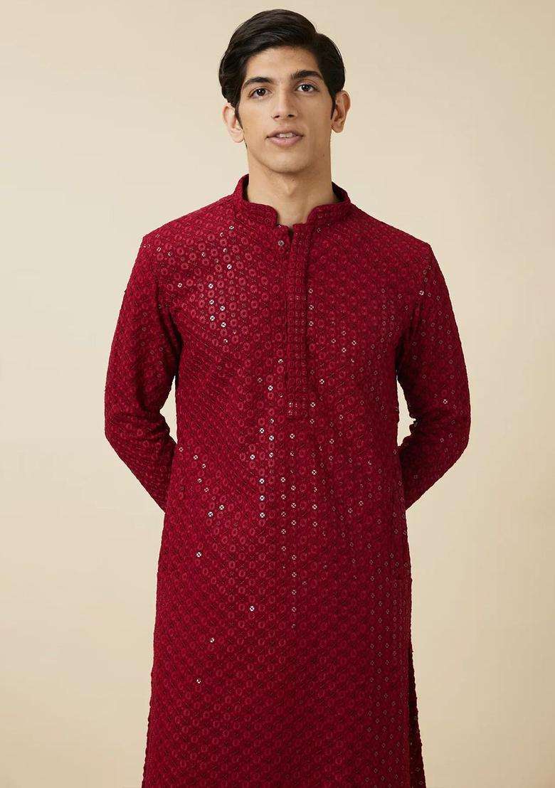 Red Embroidered Viscose Kurta Set For Men - Indya