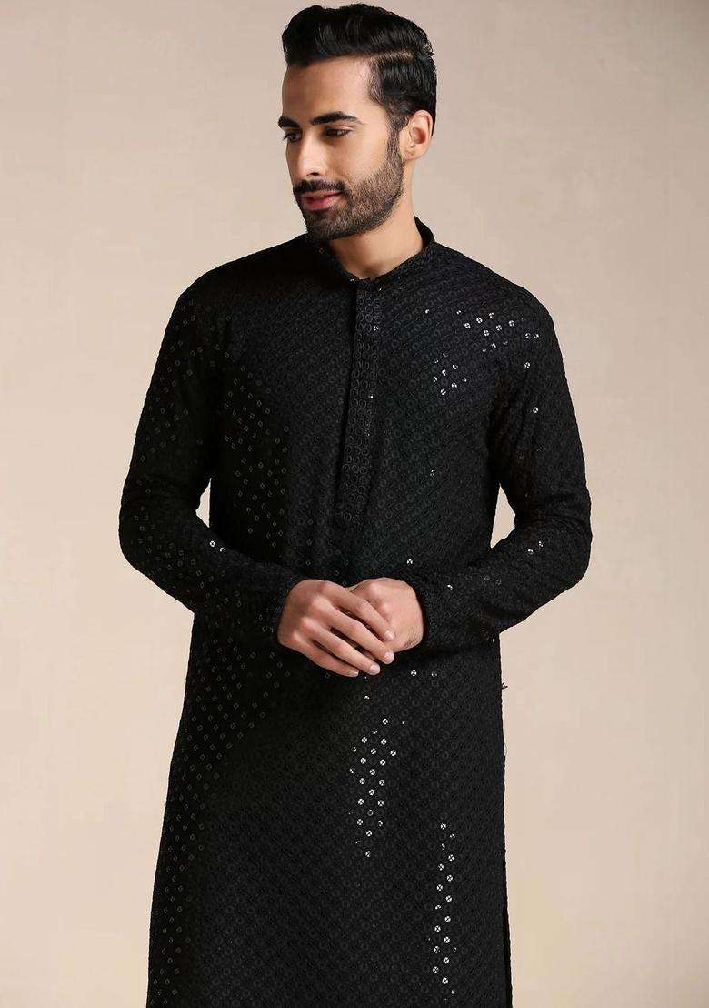 Black Self Design Viscose Kurta Set For Men - Indya